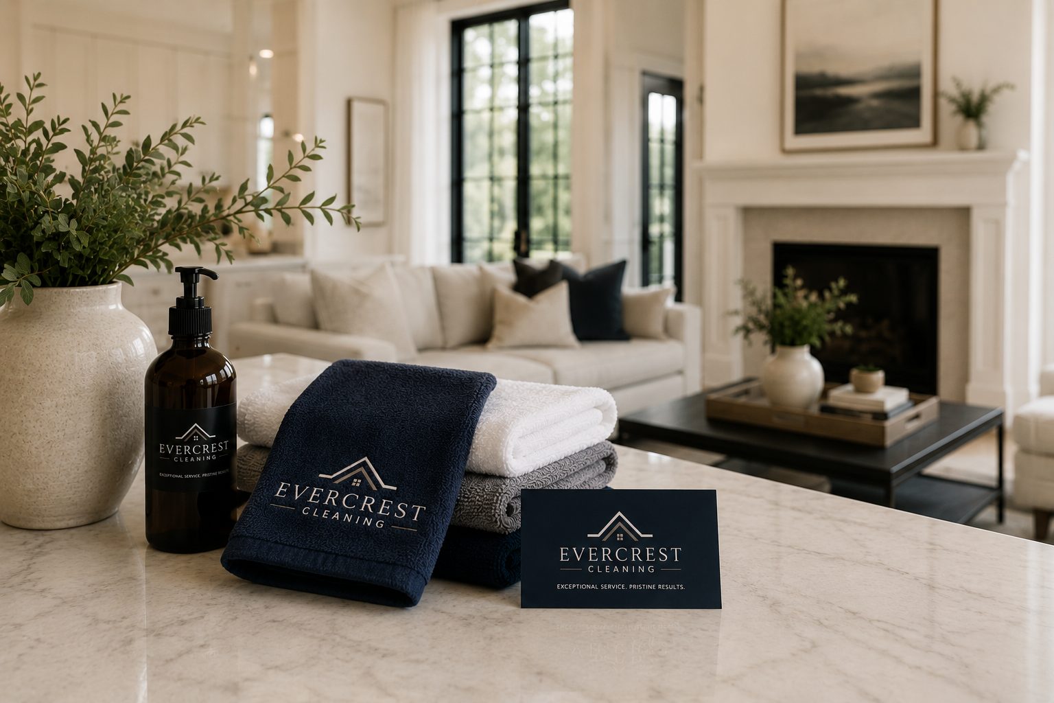 Evercrest Cleaning supplies and branded cloths on a marble kitchen counter